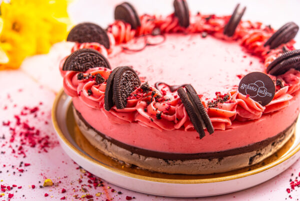 Oreo and strawberry-raspberry ice cream cake
